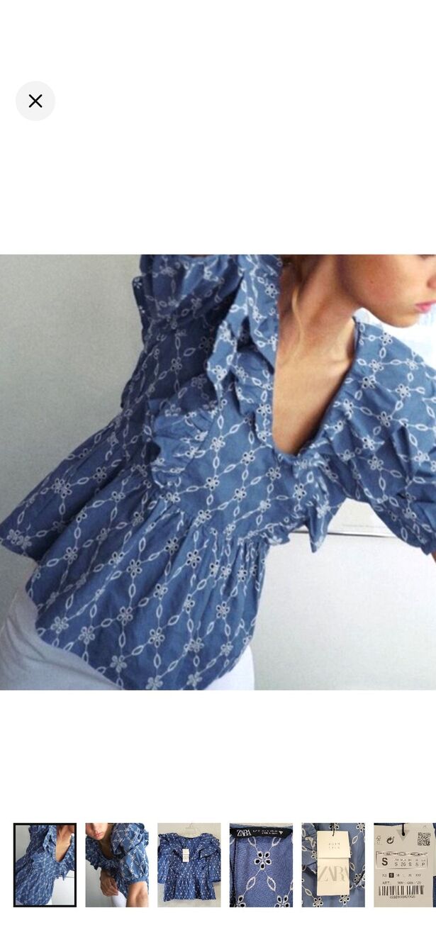 Zara women’s S blue white floral eyelet flutter ruffle French cottage farmhouse